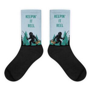 Fishing Keepin’ It Reel Bigfoot Funny Socks, Unique Sasquatch Gift, Unisex Large